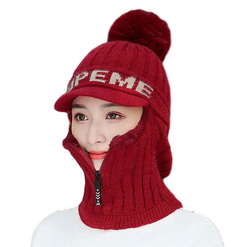 Women's Coral Wool Winter Hat Knitted Warm Fur Winter Hat Ladies Balaclava Ball Hat with Zipper to Keep the Face Warmer Knitted