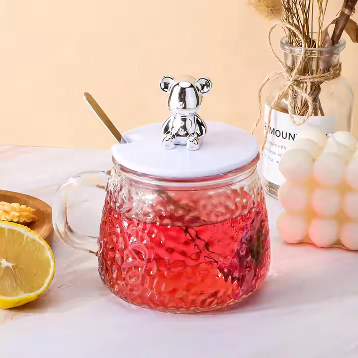 Household Cute Bear Lid Glass Mug Transparent Water Cup Coffee Milk Glass Mug Tea Cup Mugs With Spoon Gift Set