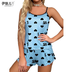 Conjunto de Pijama de Dos Piezas para el Verano 2024, Estilo Europeo y Americano, Camisola y Pantalones Cortos Estampados, Casuales y Sensuales - Product Image 4