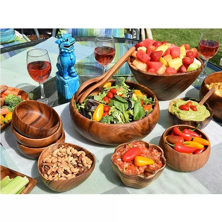 대나무 나무 샐러드 그릇 서빙 그릇 과일 샐러드 천연 유기농 서빙 접시 식탁