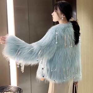 Abrigo Corto para <span class=keywords><strong>Mujer</strong></span> con <span class=keywords><strong>Pelo</strong></span> de Zorro, Nuevo Diseño de Invierno 2025, Moderno y a la Moda, Imitación de Piel, Tejido de <span class=keywords><strong>Pelo</strong></span> Largo con Flecos. - Product Image 3