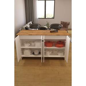 Isla de Cocina Moderna Nórdica de Pino Blanco de 160 cm, Modelo AE-2080 Ayder, Mueble de Almacenamiento y Mesa de Bar, Carrito de Cocina de Madera - Product Image 2