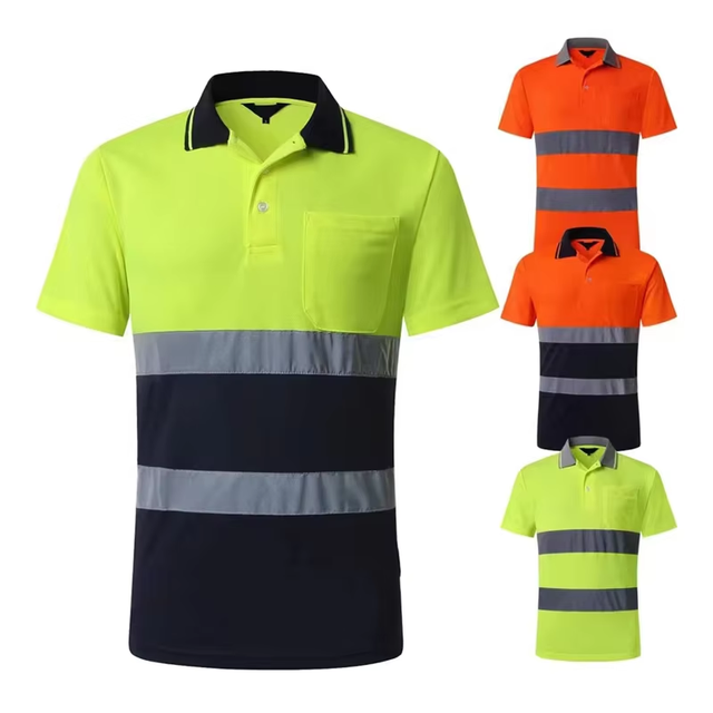ANSI Class 2 Hi Viz Men Quick Drying High Visibility Polo Workwear 100% Polyester Roadway Work Safety Shirt Reflective T-shirt