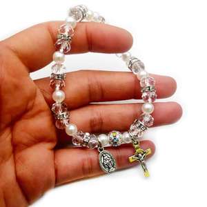 Braccialetto rosario croce fortunata da 8mm perline di cristallo di vetro <span class=keywords><strong>corda</strong></span> elastica <span class=keywords><strong>rosari</strong></span> cattolici - Product Image 5