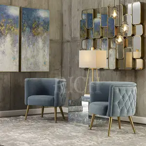 Tufted Tub Armchair Gold Stahl Metall Bein Freizeit stuhl Grau Blau Samt Moderner französischer Akzent Stuhl für Wohnzimmer