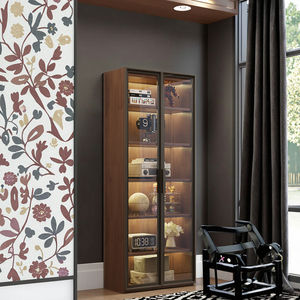 Libreria in Legno Massello con Ante in Vetro per Soggiorno, 5 Ripiani, Acciaio Inossidabile Regolabile, Mobile Moderno da Terra Antipolvere - Product Image 3