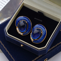 Anting Tusuk Wanita Vintage Biru Cyan Motif Bunga Retro Tetesan Minyak Tembaga Batu Alam Imitasi Mutiara Pesta Kelas Atas Buatan Pabrik
