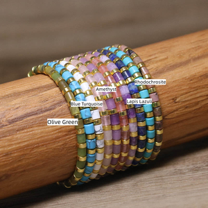 Boho Multi-Color Gemstone Beaded <b>Bracelets</b>, Natural Turquoise & Rose Crystal Beads, Unisex Adjustable Healing Crystal Jewelry - Product Image 5