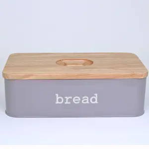 Vintage Metal Kitchen Storage Tin Canister Bread Box With Bamboo Lid