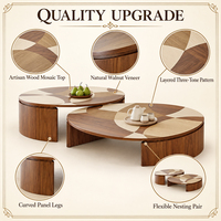 Ensemble de tables basses rondes en bois entrelacées avec côtés incurvés, paire gigogne à deux hauteurs pour petits espaces, mobilier de salon