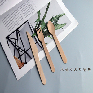 ชุดช้อนส้อมมีดไม้เบิร์ชแบบใช้แล้วทิ้ง ย่อยสลายได้ทางชีวภาพ สำหรับงานปาร์ตี้ ของหวาน ไอศกรีม เค้ก อาหารแบบนำกลับบ้าน - Product Image 1