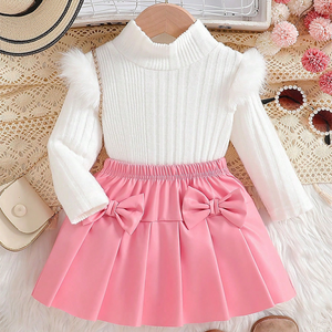 Nuevo Conjunto de 2 Piezas de <span class=keywords><strong>Moda</strong></span> para Bebés Niñas, Primavera, Cuello Alto, Manga Larga, Falda Plisada con Doble Lazo - Product Image 1