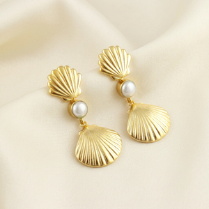 Boucles d'oreilles pendantes fantaisie en laiton plaqué or 18 carats avec perles de forme originale et coquillages, bijoux de plage tendance pour femme - Product Image 4