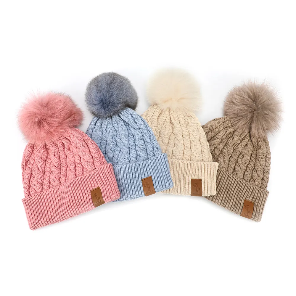 Custom High Quality Winter Warm Soft Merino Wool Acrylic Pom Pom Hat Caps Leather Label Thick Knit Beanie For Women
