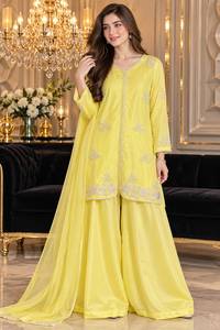 Embroidered Churidar Plazo Suit Chiffon Dupatta Traditional Dress <b>Wedding</b> Festival Wear Buttersilk Pure Stuff Handwork Wrinkle - Product Image 4