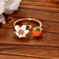 Nouvelle Bague Épaissie Plaqué Or Véritable Motif Floral Fruité Réglable Tendance Printemps Cristal Émail Fleur Blanche Orange pour Femme
