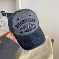 Casquette de baseball en jean délavé non structurée style vintage américain pour femme, avec motif lettres, large bord, grande taille, effet amincissant pour le visage