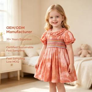 Robe smockée en coton teint à la plante <span class=keywords><strong>pour</strong></span> enfants, avec col à volants et manches bouffantes, robe décontractée <span class=keywords><strong>pour</strong></span> fillette - Product Image 1
