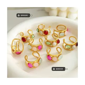 Hanpai top selling vintage women high quality titanium steel ring open ring colorful glass beads ring