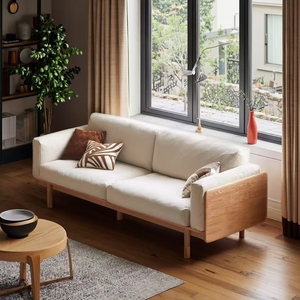 Divano Moderno Japandi in Tessuto a 3 Posti, Divano Cloud con Gambe in <span class=keywords><strong>Legno</strong></span> Massello, Arredamento Imbottito per Soggiorno - Product Image 3