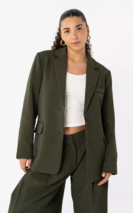 Blazer Verde Oscuro Oversize Personalizado para <span class=keywords><strong>Mujer</strong></span> 2026, Chaqueta de Traje de Oficina con Dos Botones y Hombros Reforzados, Abrigo Casual Vintage OEM/ODM - Product Image 4
