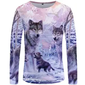 Free Sample 3D Wolf T Men Long Sleeve Shirt Streetwear Snow Graphic Mountain Clothes Jungle Custom T-Shirt Hip Hop Mens Clothing