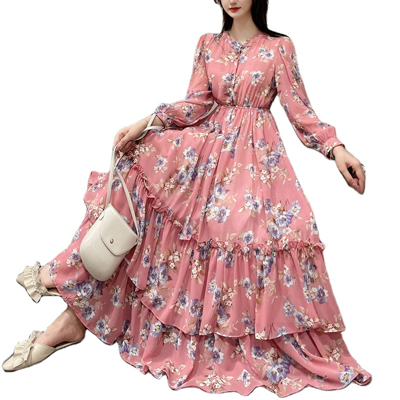 Wholesale Floral Long-Sleeved Dress for Women - Casual Midi A-Line Style,  Eco-Friendly, Perfect for Daily Wear
