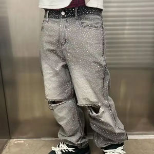 Celana <span class=keywords><strong>Jeans</strong></span> Pria Model Baggy Distressed Vintage Sun Faded Rhinestone Bling OEM ODM Pinggang Tinggi Streetwear - Product Image 1