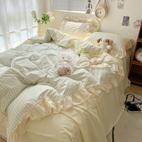 Parure de lit quatre pièces coréenne verte en polyester/coton, comprenant une housse de couette, un drap et des taies d'oreiller, à rayures, impression réactive, 200TC