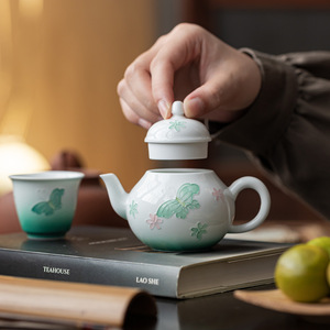 Guanlan Pear-shaped Ceramic Teapot Mint Green Butterfly Flower Design Kung Fu <b>Tea</b> <b>Set</b> Single Teapot - Product Image 2
