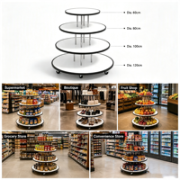 Gelaagde ronde displayrek met 4 ronde houten planken, stalen frame, zwenkwielen, draaibaar displaystandaard voor winkels