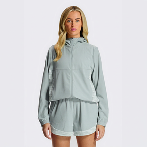 Ensemble veste coupe-vent légère et short vert pour femme, ensemble de survêtement athlétique à capuche et fermeture éclair intégrale, ensemble décontracté avec panneaux contrastés - Product Image 1