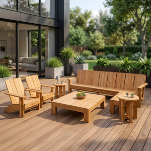 Honey Glow Teak Wood Garden Conversation Set Blocky Plank Accent Sofa and <b>Round</b> End Tea <b>Table</b> - Product Image 3