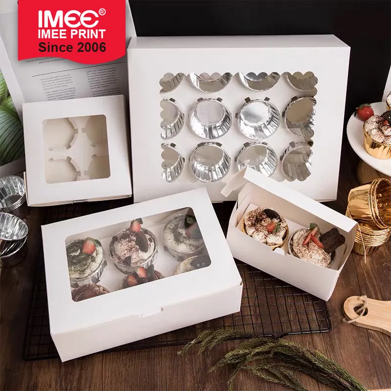 IMEE 4 6 12 Holes Egg Tart Box White Disposable Bakery Paper Cupcake Box Carrier Party Muffin Cake Box with Clear Window