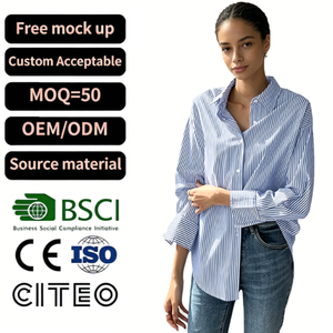 Camisa Casual de Manga Larga a Rayas Azules y Blancas para Mujer, Blusa Holgada con Cuello Camisero, Top para Primavera y Verano, para Oficina y Uso Diario - Product Image 1