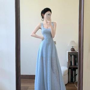 Blue <b>Spaghetti</b> Strap Dress Square Neck <b>Long</b> Solid Color Beach Cover Up Summer Style - Product Image 3