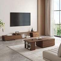 Ensemble de salon moderne en noyer de style mi-siècle, table basse rectangulaire, meuble TV extensible avec 3 tiroirs, respectueux de l'environnement