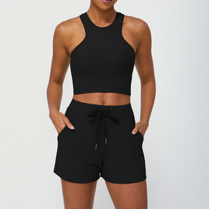 Vêtements d'entraînement côtelés Ensembles <span class=keywords><strong>de</strong></span> yoga Gilet <span class=keywords><strong>de</strong></span> <span class=keywords><strong>sport</strong></span> à dos ouvert Short à ceinture élastique Gym - Product Image 6