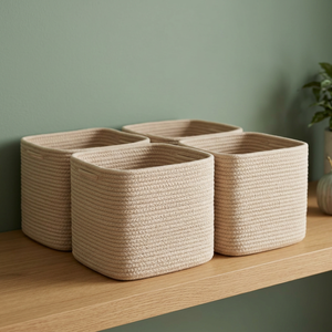 Cotton Rope Woven <b>Square</b> Storage <b>Baskets</b> Set of 4 Beige Foldable Multi Purpose Organizers for Closet Nursery Toy Storage - Product Image 2