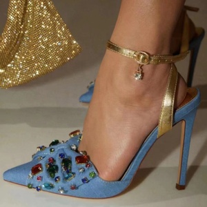 Colorful Diamonds Women Denim Sandals Blue Stiletto High Heels Pointy Toe Ankle Straps Jeans <b>Shoes</b> - Product Image 1