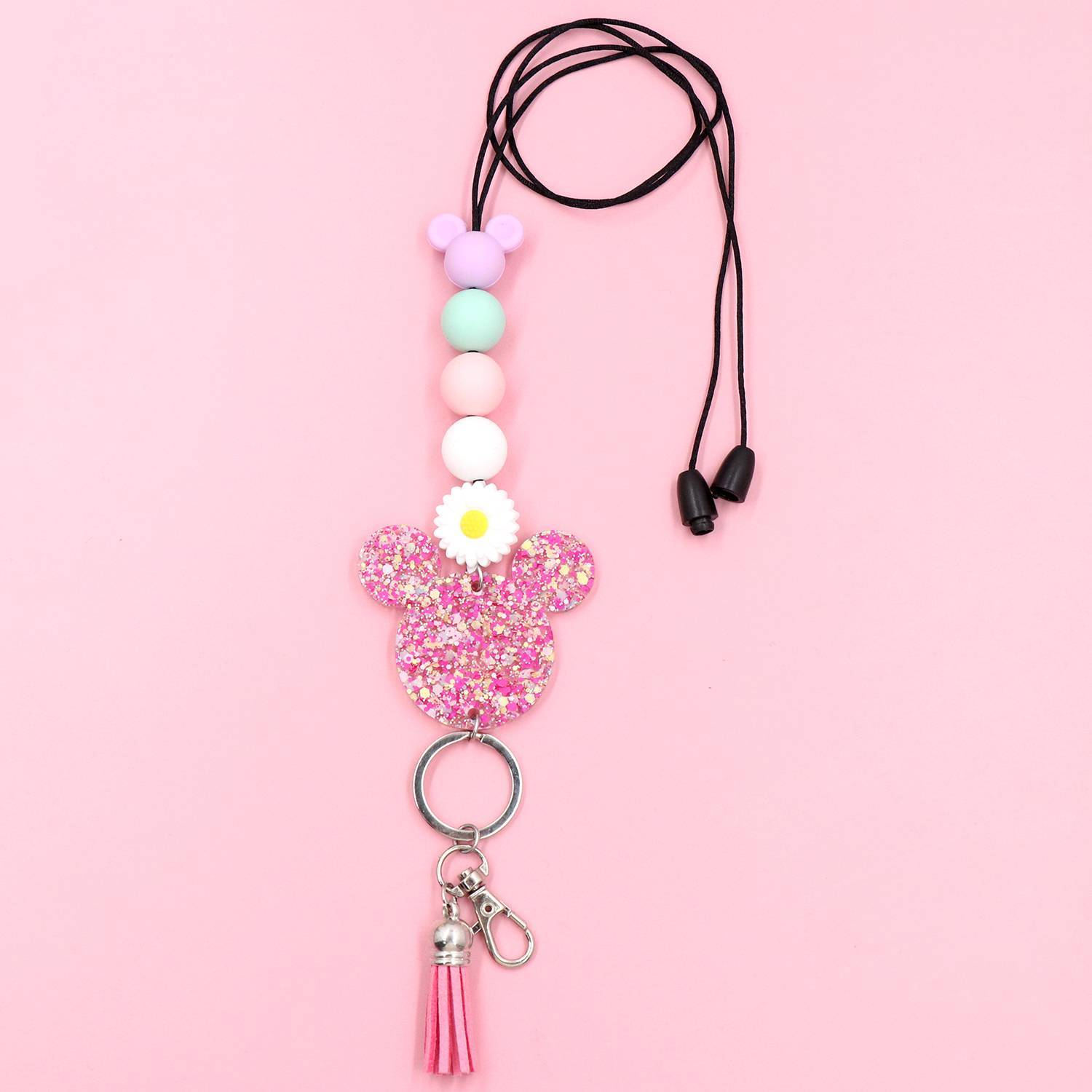 Personalized Beaded Teacher Lanyard For Keys Or ID Badge With Glitter Acrylic Crayon Apple Mouse Head Design-Cute Teacher Gift Image 2