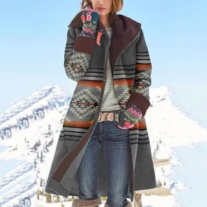 Manteau en laine imprimé mi-long pour femme, coupe droite, manches longues, parka automne-hiver - Product Image 1