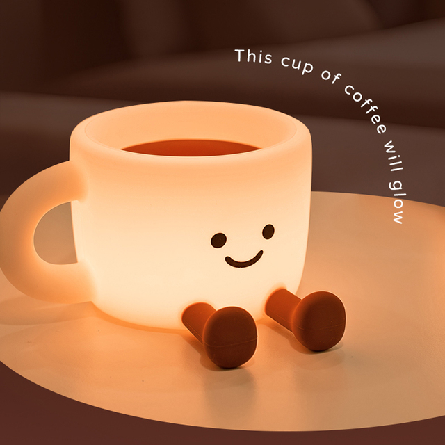 LED Rechargeable Silicone Night Light Cute Coffee Cup Mobile Phone Stand Desk Lamp with Dimmer for Bedroom Bedside