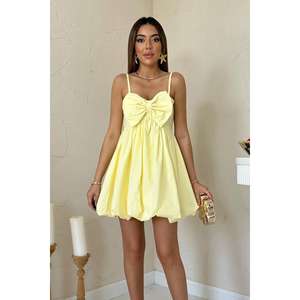 Robe de cocktail jaune à bretelles, coupe trapèze, avec détail nœud, taille empire, en mousseline respirante - Product Image 4