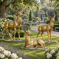 Statue de cerf couché et de femelle cerf debout, taille réelle, en bronze plaqué or, sculpture de cerf en position debout