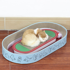 Planche à gratter pour chat, forme ovale, en carton ondulé, avec jouet à bille pour chats, jeu pour animaux de compagnie - Product Image 1