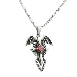 Stainless Steel <b>Cross</b> Pendant <b>With</b> Red Gem Bat Wing Design Men's Necklace Punk Retro Style - Product Image 5