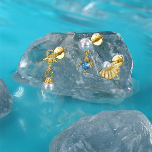 Boucles d'oreilles en argent sterling S925 avec zircon géométrique, coquillage, étoile de mer et perle - Product Image 2