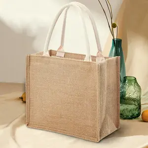 Bolsa de juta reutilizável, bolsa de sacola de linho para compras reutilizável, ecológica, para praia e piquenique