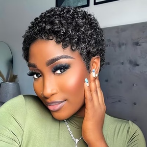 Perruque en cheveux humains Remy courts bouclés de couleur noire naturelle de 4 pouces, perruque en cheveux humains fabriquée à la machine, perruque en cheveux humains coupe <span class=keywords><strong>pixie</strong></span> pour femmes - Product Image 1